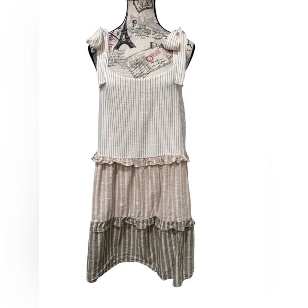 Mine CottageCore Boho Chic Striped Lined 100% Cotton Tunic Dress w/bow detail